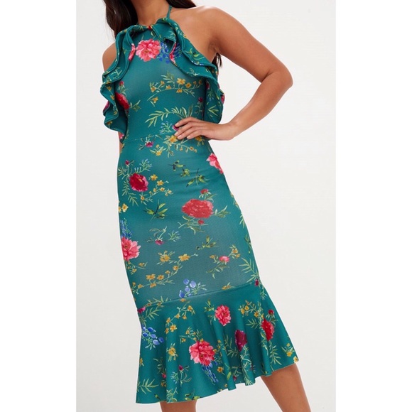 Green floral halter neck midi dress - Picture 4 of 6